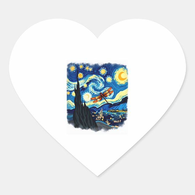 Artistic Dragonfly Shirt Van Gogh Starry Night Dra Heart Sticker (Front)