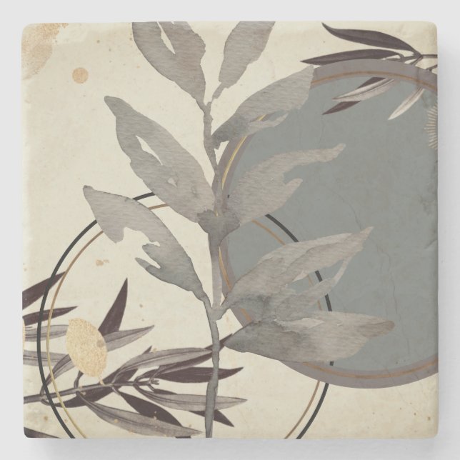 Artistic Earthy Watercolor Zen Botanical Stone Coaster (Front)