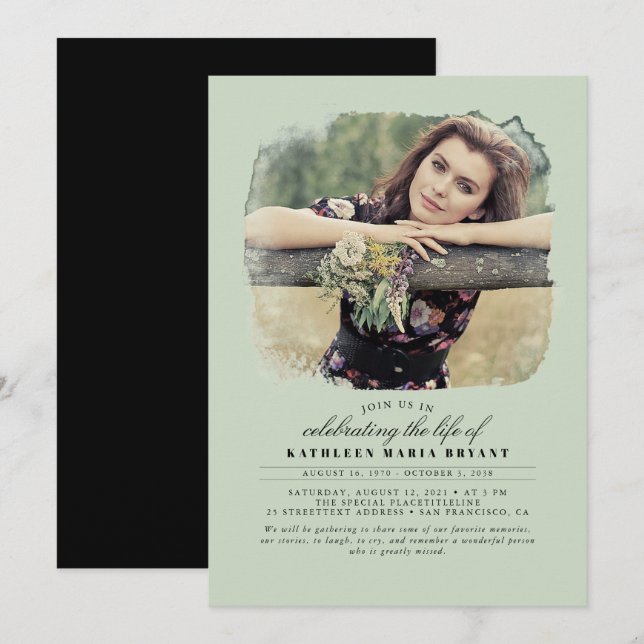 Artistic Elegant Celebration of Life Funeral Photo Invitation (Front/Back)