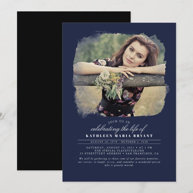 Artistic Elegant Celebration of Life Funeral Photo Invitation (Front/Back)