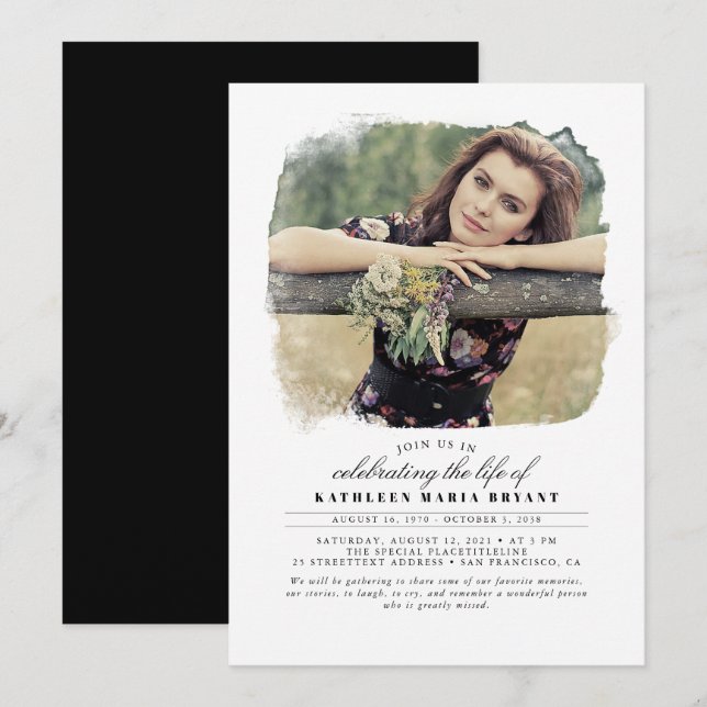 Artistic Elegant Celebration of Life Funeral Photo Invitation (Front/Back)