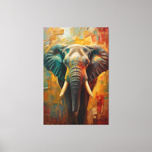Artistic Elephant Portrait – Vibrant Oil Painting Canvas Print (Front)