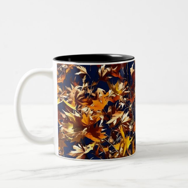 Artistic Fall Leaves Against Deep Blue Sky Two-Tone Coffee Mug (Left)
