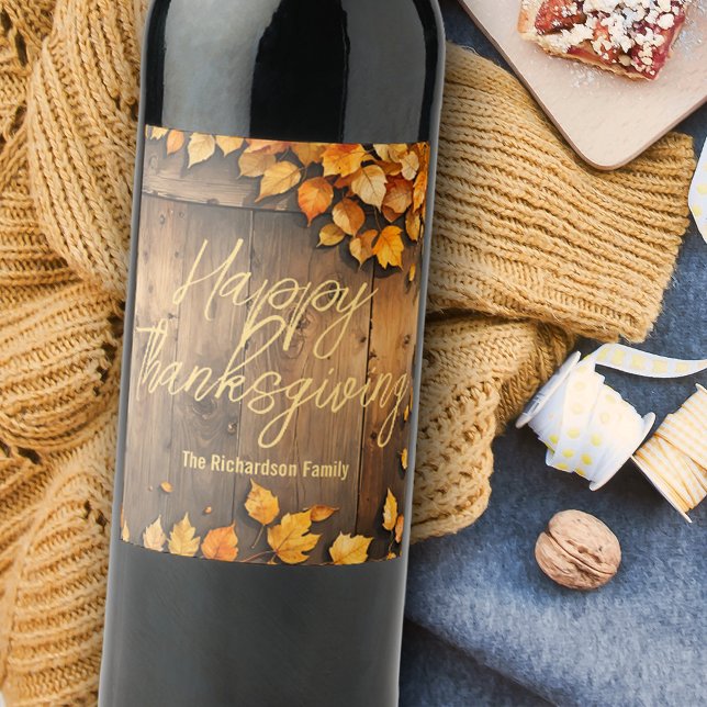 Artistic Fall Leaves on Rustic Wood Thanksgiving Wine Label (Creator Uploaded)