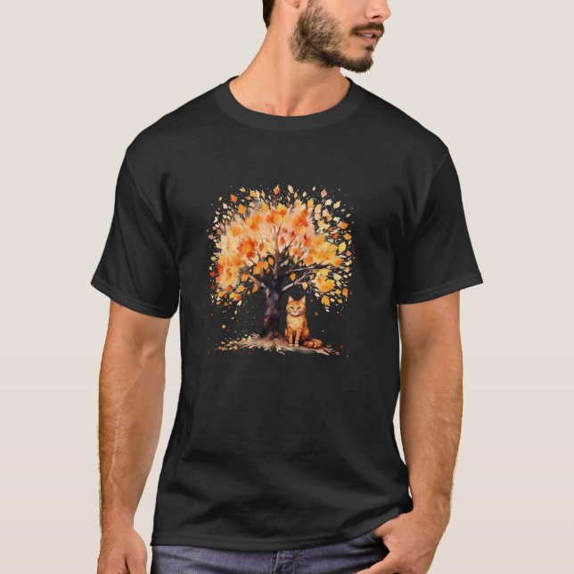 Artistic Fall Tree with Orange Tabby Cat Watercolo T-Shirt (Front)