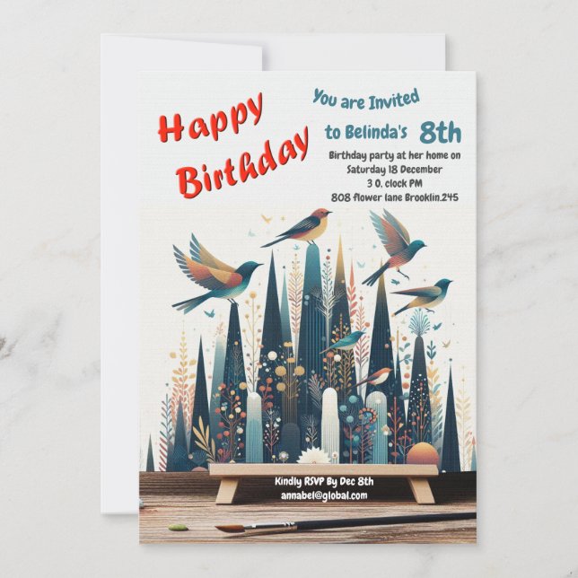 Artistic Fantasy, Bird Drawings in Colour Invitation (Front)