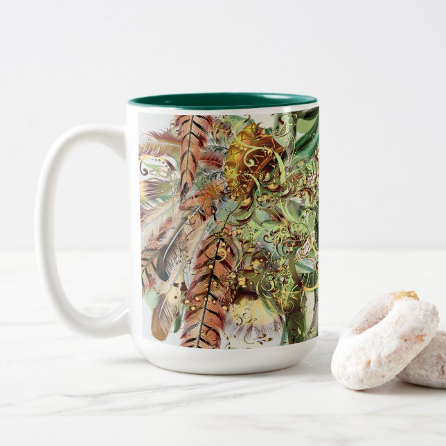 Artistic Feather and Swirl Design Two-Tone Coffee Mug (With Donut)