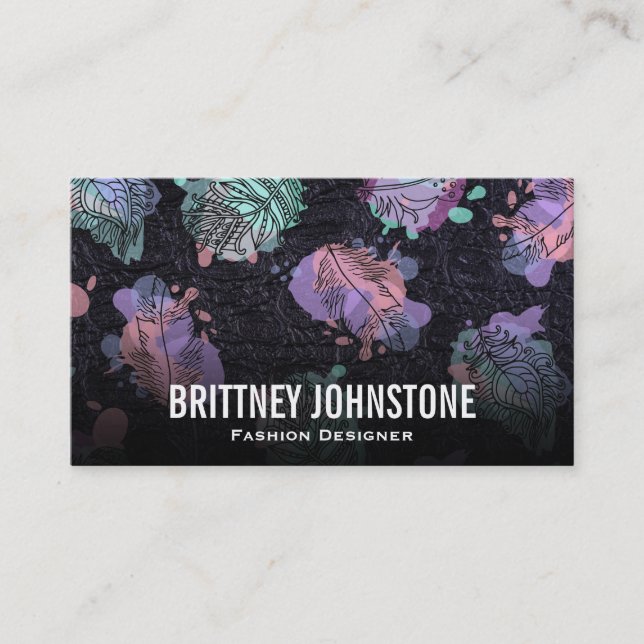 Artistic Feathers | Black Leather Background Business Card (Front)