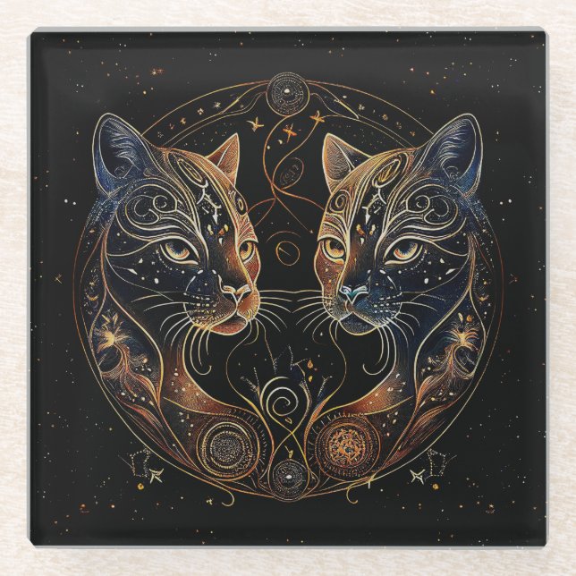 Artistic Feline Circle Twin Cats Glass Coaster (Front)