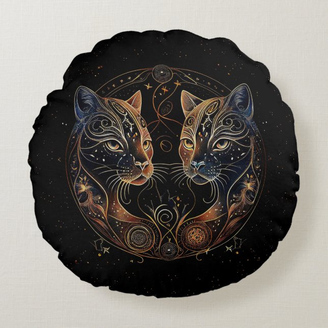 Artistic Feline Circle Twin Cats Round Cushion (Front)