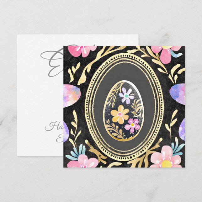 Artistic Floral Easter Egg Illustration with Gold  Holiday Card (Front/Back)