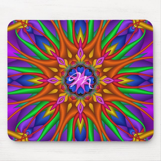 Artistic Floral kaleidoscope mousepad ith Monogram (Front)