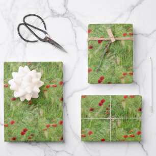 Artistic Floral Tiled Green Grasses Red Poppies  Wrapping Paper Sheet