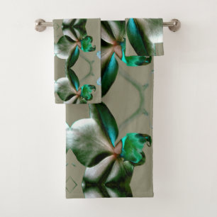 Artistic Flower in Blue, Green and Grey Tones Bath Towel Set