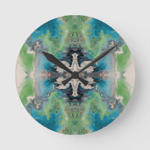 Artistic Fluid Abstract in Aqua & Green Round Clock