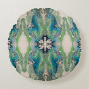 Artistic Fluid Abstract in Aqua & Green Round Cushion
