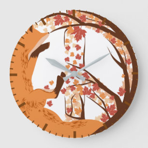 Artistic Fox Peace Sign Autumn Leaves Tree Poster Large Clock