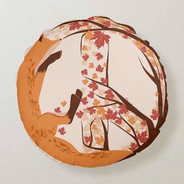 Artistic Fox Peace Sign Autumn Leaves Tree Poster Round Cushion (Back)