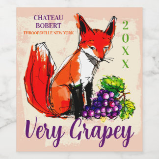 Artistic fox purple grapes personalised homemade wine label