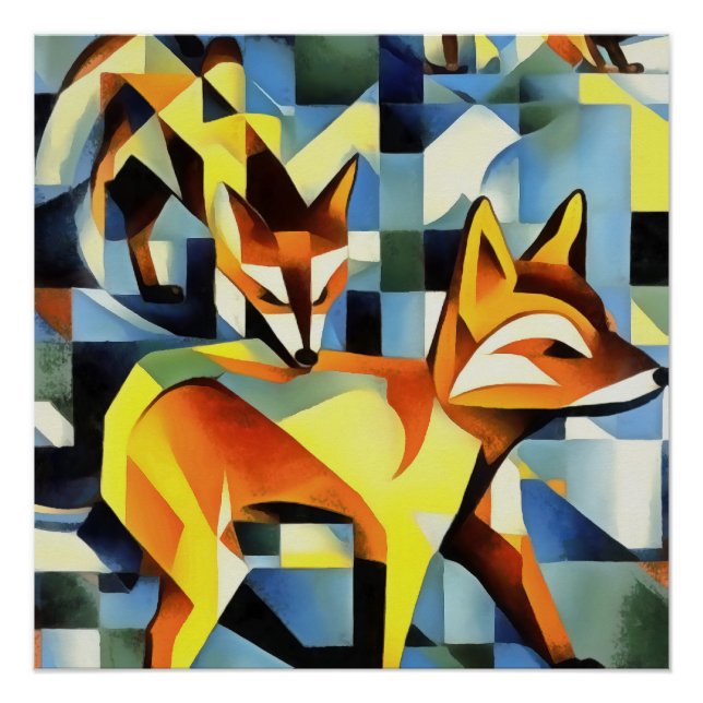 Artistic Foxes In A Geometric Art Style Poster (Front)