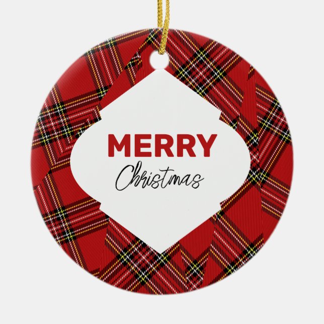 Artistic Glitter Merry Christmas Red Plaid Ceramic Tree Decoration (Front)