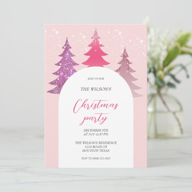 Artistic Glitter Pink Christmas  Invitation (Standing Front)