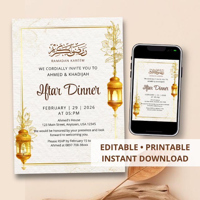 Artistic Gold Floral Ramadan Iftar Dinner Invitation (Creator Uploaded)