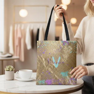 Artistic Gold Metallic Foil Glitter Paint Splatter Tote Bag