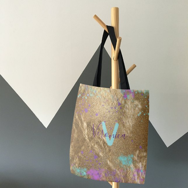 Artistic Gold Metallic Foil Glitter Paint Splatter Tote Bag (Creator Uploaded)