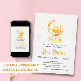 Artistic Gold Moon and Mosque Iftar Invitation