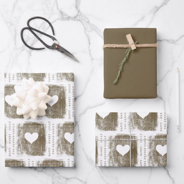 Artistic Golden Heart Drawing Family Christmas Wrapping Paper Sheet (Front)