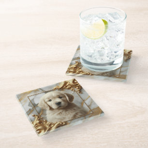 Artistic Golden Retriever Marble Style Glass Coaster