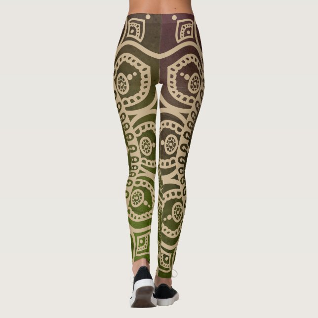 Artistic gradient dusty green Mandala Yoga workout Leggings (Back)