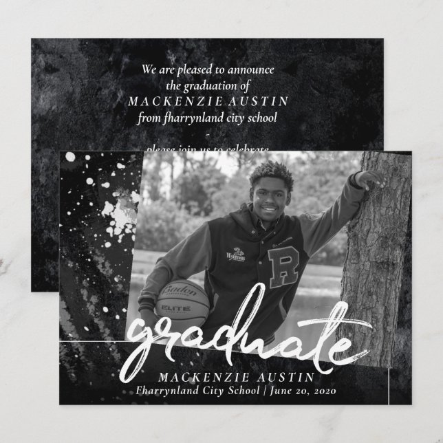 Artistic Graduation | Black White Graffiti Photo Invitation (Front/Back)