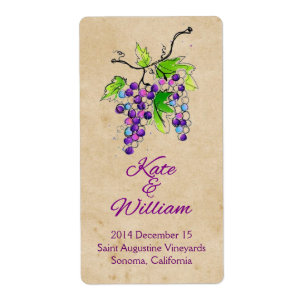 Artistic Grapes Vineyard Wedding Wine Bottle Label