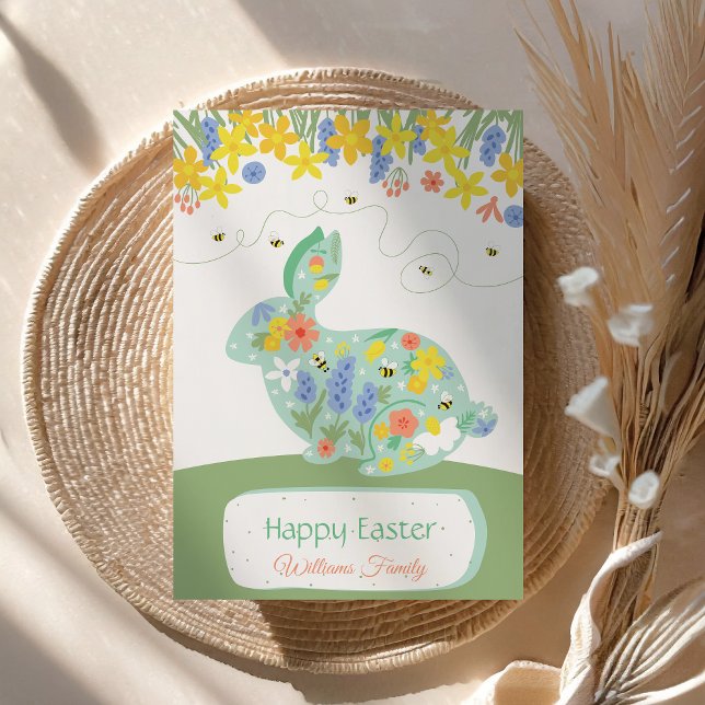 Artistic Green Happy Easter Floral Bunny Rabbit Holiday Card (Creator Uploaded)