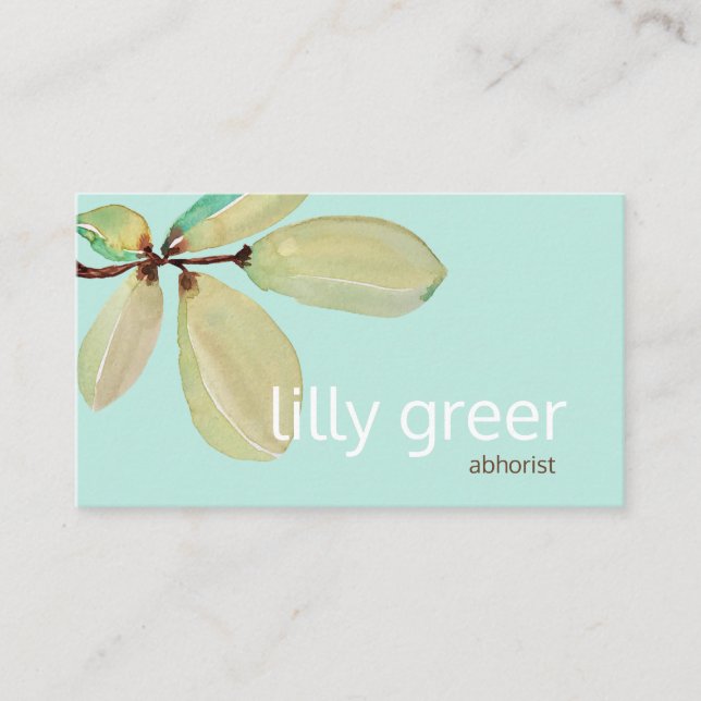 Artistic Green Leaf Watercolor Tree  Branch Business Card (Front)