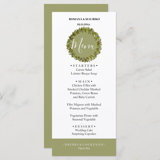 Artistic Green Watercolor Wreath Hand-painted Menu (Front/Back)