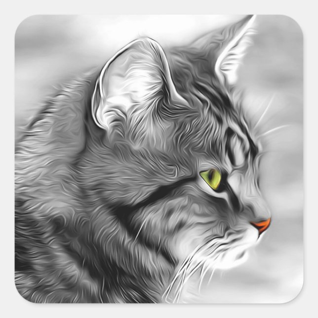 Artistic Grey & Black Feline Portrait Square Sticker (Front)