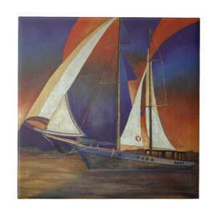 Artistic Gulet Under Sail In Orange and Purple Tile