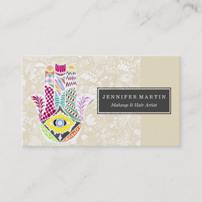 Artistic Hand Drawn Hamsa Hand an Floral Drawings Business Card (Front)