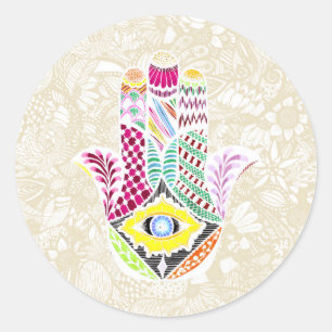 Artistic Hand Drawn Hamsa Hand an Floral Drawings Classic Round Sticker