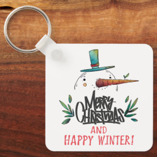 Artistic Hand Drawn Snowman Merry Christmas Happy Key Ring