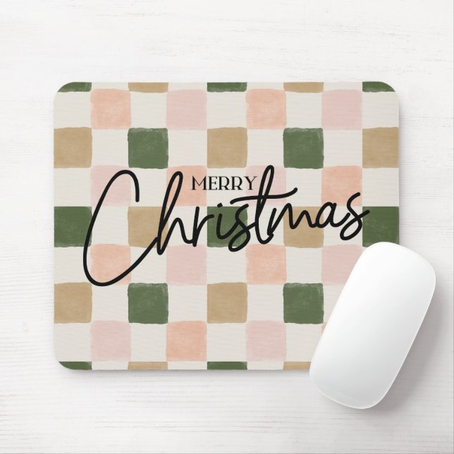 Artistic hand painted chequered Merry Christmas Mouse Mat (With Mouse)