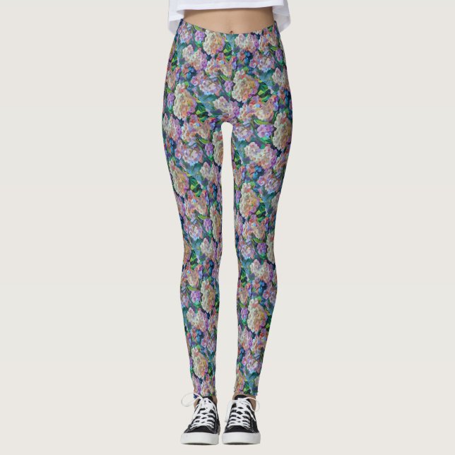 Artistic Hydrangeas Hortensia Floral Abstract Art Leggings (Front)