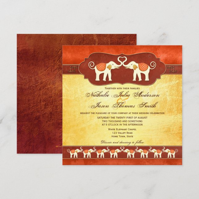 Artistic Indian White Elephants Wedding Invitation (Front/Back)