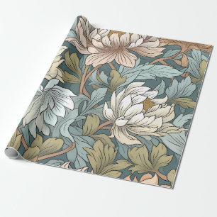 Artistic ink art vintage floral garden teal wrapping paper