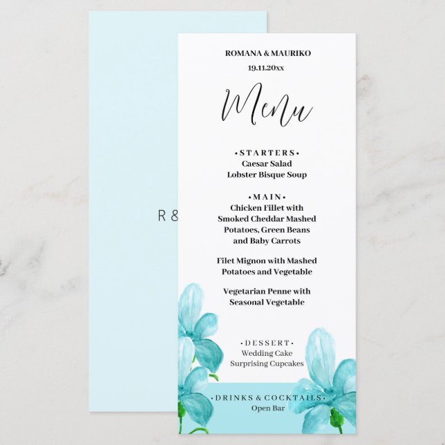 Artistic Iris Blue Floral Watercolor Hand-painted Menu (Front/Back)
