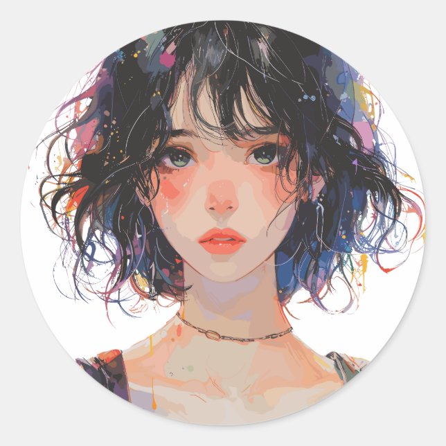 Artistic Japanese Girl Portrait Classic Round Sticker (Front)