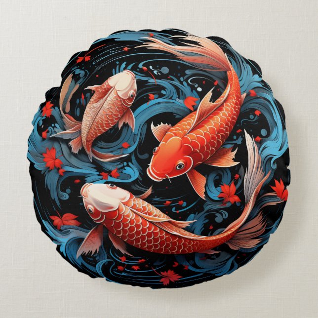 Artistic Koi Fish with a Black Base Round Cushion (Front)